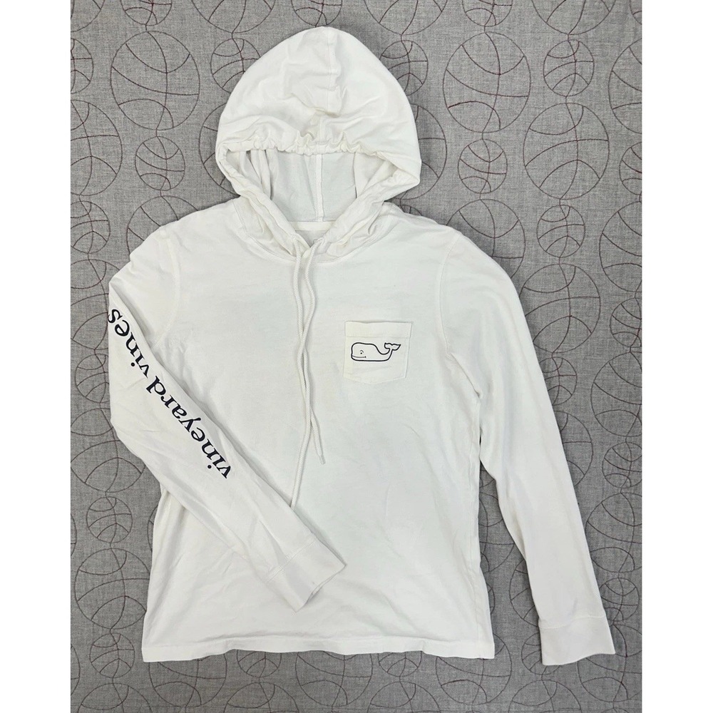 Vineyard Vines White and Navy Whale Long Sleeve Hoodie Shirt / Men's Small